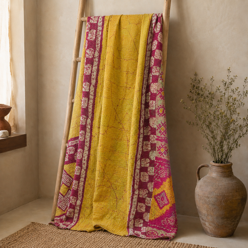 Handmade vintage Kantha quilt EBY-TW-217 – reversible cotton boho bedspread