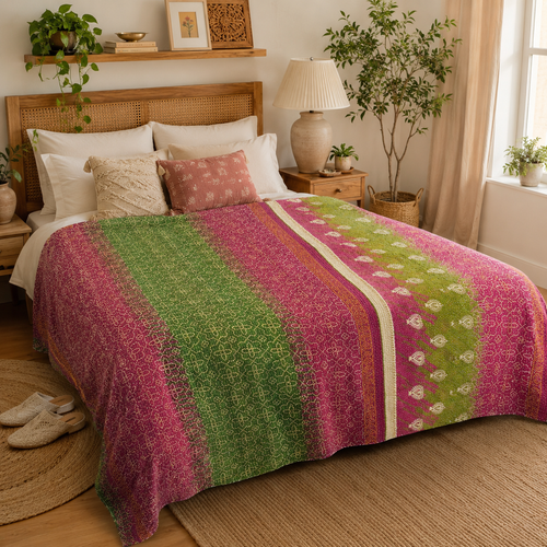 Handmade vintage Kantha quilt EBY-TW-218 – reversible cotton boho bedspread