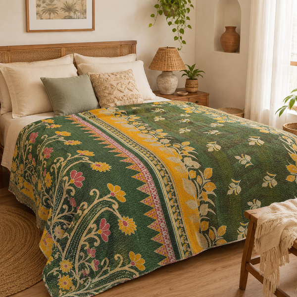 Handmade vintage Kantha quilt EBY-TW-220 – reversible cotton boho bedspread