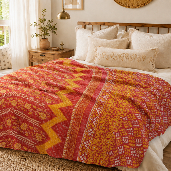 Handmade vintage Kantha quilt EBY-TW-221 – reversible cotton boho bedspread