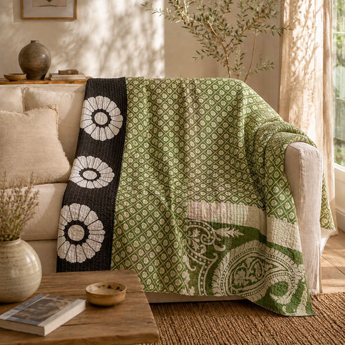 Handmade vintage Kantha quilt EBY-TW-222 – reversible cotton boho bedspread