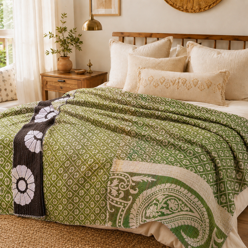 Handmade vintage Kantha quilt EBY-TW-222 – reversible cotton boho bedspread