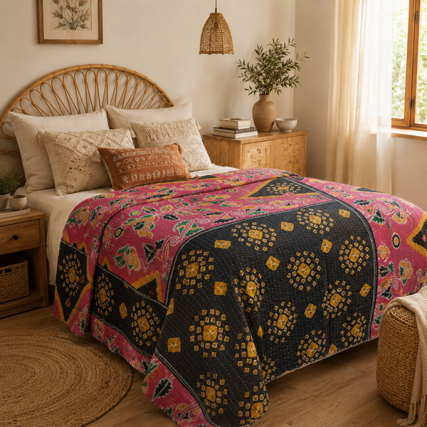 Handmade vintage Kantha quilt EBY-TW-227 – reversible cotton boho bedspread