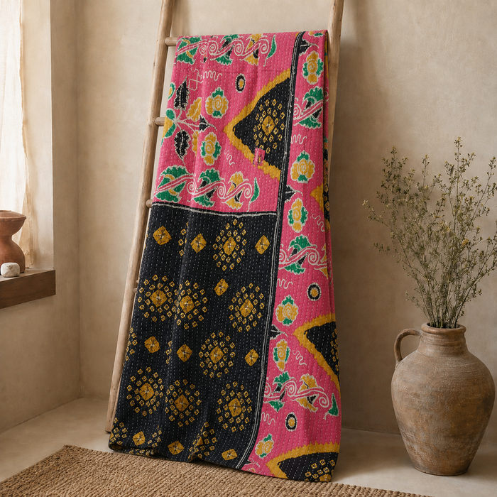 Indian Handmade Vintage Kantha Quilt Queen 55x85 Inches – Reversible Cotton Bedspread & Boho Throw Blanket | EBY-TW-227