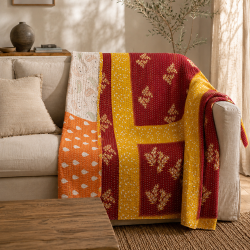 Handmade vintage Kantha quilt EBY-TW-229 – reversible cotton boho bedspread