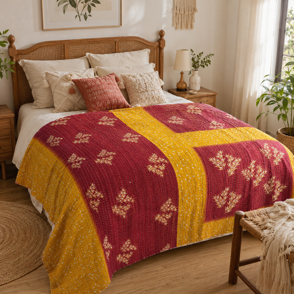 Handmade vintage Kantha quilt EBY-TW-229 – reversible cotton boho bedspread