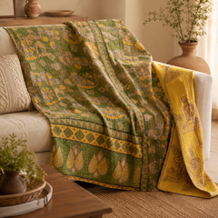 Olive Green handmade vintage Kantha quilt EBY-TW-230 – reversible cotton queen boho bedspread