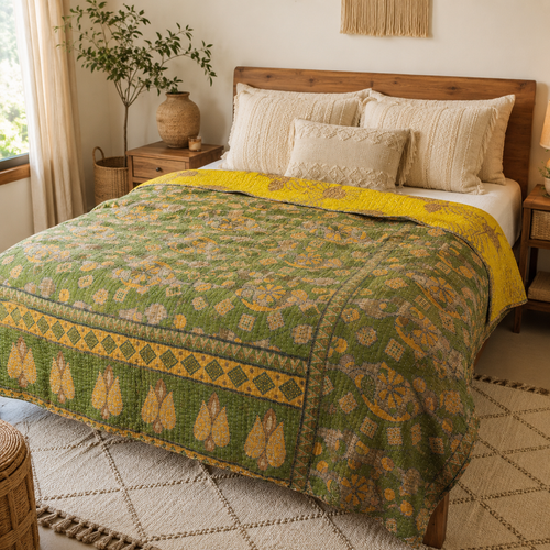 Olive Green handmade vintage Kantha quilt EBY-TW-230 – reversible cotton queen boho bedspread