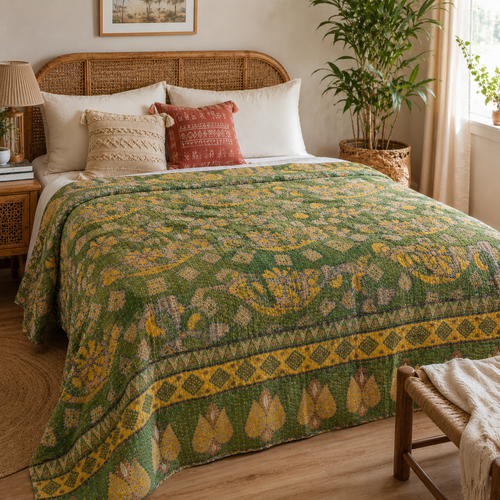 Olive Green handmade vintage Kantha quilt EBY-TW-230 – reversible cotton queen boho bedspread