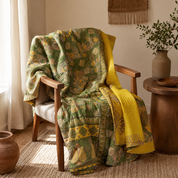 Olive Green handmade vintage Kantha quilt EBY-TW-230 – reversible cotton queen boho bedspread