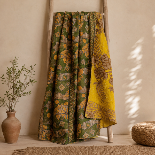 Olive Green handmade vintage Kantha quilt EBY-TW-230 – reversible cotton queen boho bedspread