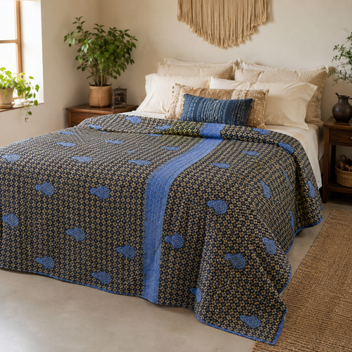 Hot Pink & Black handmade vintage Kantha quilt EBY-TW-231 – reversible cotton queen boho bedspread