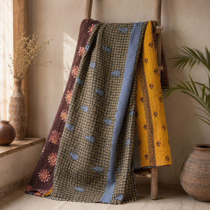 Hot Pink & Black Vintage Kantha Quilt – Handmade Reversible Queen Cotton Bedspread & Boho Throw Blanket | EBY-TW-231