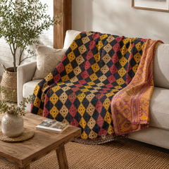 Multicolour Checkered handmade vintage Kantha quilt EBY-TW-232 – reversible cotton twin boho bedspread