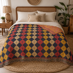 Multicolour Checkered handmade vintage Kantha quilt EBY-TW-232 – reversible cotton twin boho bedspread