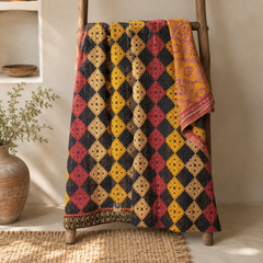 Multicolour Checkered handmade vintage Kantha quilt EBY-TW-232 – reversible cotton twin boho bedspread