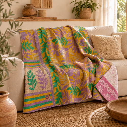 Pastel Patchwork handmade vintage Kantha quilt EBY-TW-233 – reversible cotton twin boho bedspread