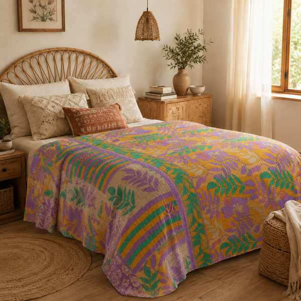 Handmade vintage Kantha quilt EBY-TW-233 – reversible cotton boho bedspread