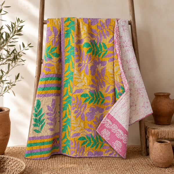 Pastel Patchwork handmade vintage Kantha quilt EBY-TW-233 – reversible cotton twin boho bedspread