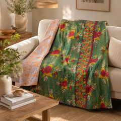 Deep Green Block Print handmade vintage Kantha quilt EBY-TW-234 – reversible cotton twin boho bedspread