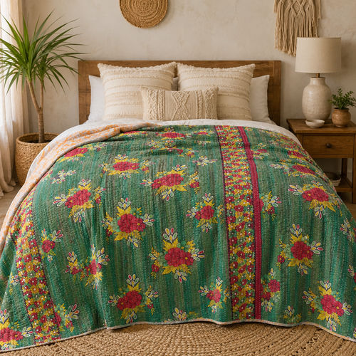 Deep Green Block Print handmade vintage Kantha quilt EBY-TW-234 – reversible cotton twin boho bedspread