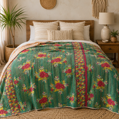 Deep Green Block Print handmade vintage Kantha quilt EBY-TW-234 – reversible cotton twin boho bedspread