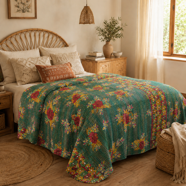 Handmade vintage Kantha quilt EBY-TW-234 – reversible cotton boho bedspread