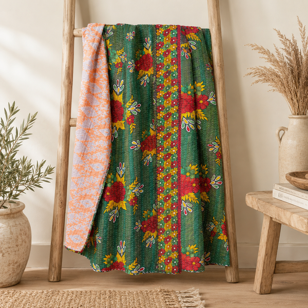 Deep Green Block Print Vintage Kantha Quilt – Handmade Reversible Twin Cotton Bedspread & Boho Throw Blanket | EBY-TW-234