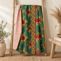 Deep Green Block Print handmade vintage Kantha quilt EBY-TW-234 – reversible cotton twin boho bedspread