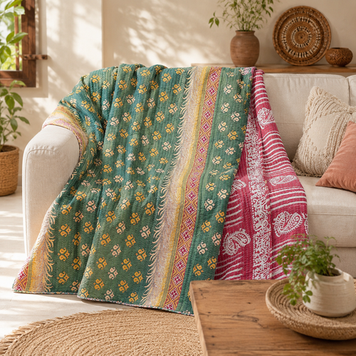 Sage Green & White handmade vintage Kantha quilt EBY-TW-235 – reversible cotton twin boho bedspread