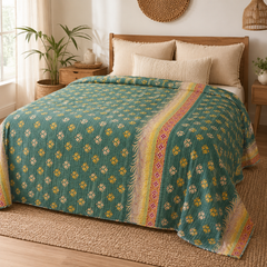 Sage Green & White handmade vintage Kantha quilt EBY-TW-235 – reversible cotton twin boho bedspread