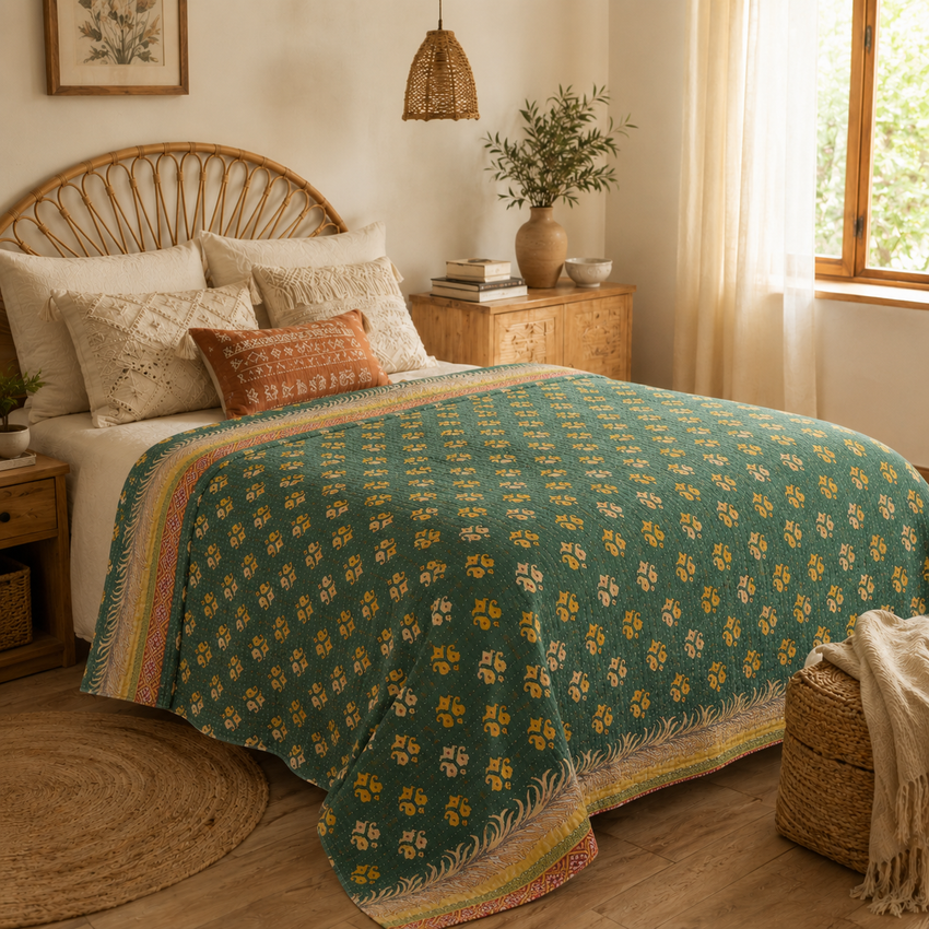 Handmade vintage Kantha quilt EBY-TW-235 – reversible cotton boho bedspread