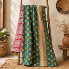 Sage Green & White handmade vintage Kantha quilt EBY-TW-235 – reversible cotton twin boho bedspread
