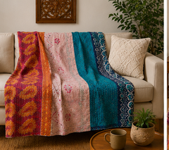 Blush Pink & Teal Vintage Kantha Quilt – Handmade Reversible Twin Cotton Bedspread & Boho Throw Blanket | EBY-TW-236