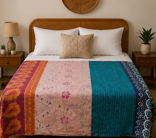 Blush Pink & Teal Vintage Kantha Quilt – Handmade Reversible Twin Cotton Bedspread & Boho Throw Blanket | EBY-TW-236