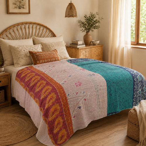 Handmade vintage Kantha quilt EBY-TW-236 – reversible cotton boho bedspread