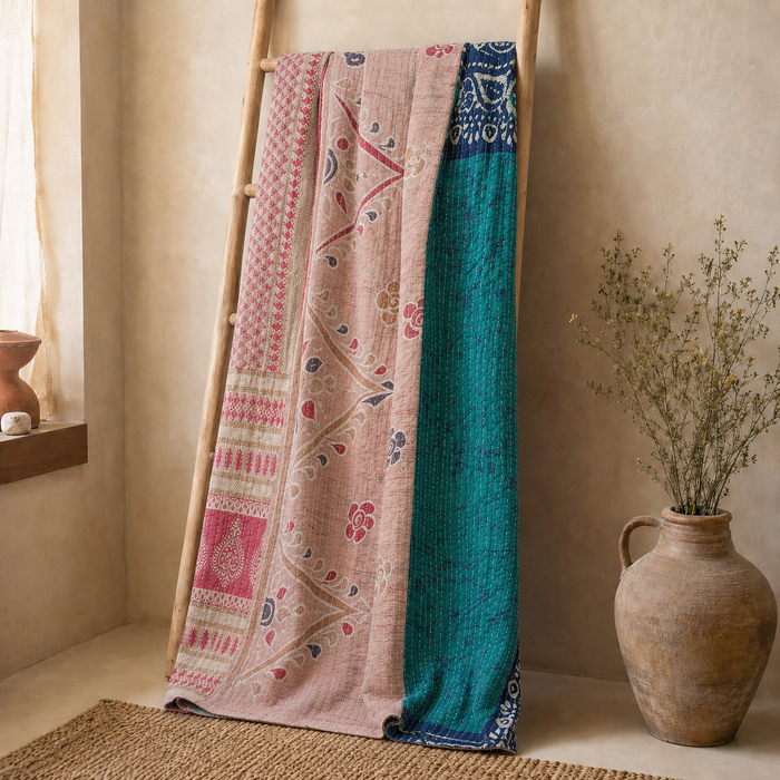 Indian Handmade Vintage Kantha Quilt Twin 55x85 Inches – Reversible Cotton Bedspread & Boho Throw Blanket | EBY-TW-236