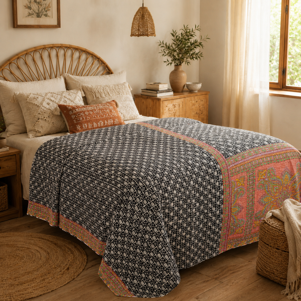 Handmade vintage Kantha quilt EBY-TW-237 – reversible cotton boho bedspread