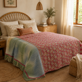 Indian Handmade Vintage Kantha Quilt Twin 55x85 Inches – Reversible Cotton Bedspread & Boho Throw Blanket | EBY-TW-238