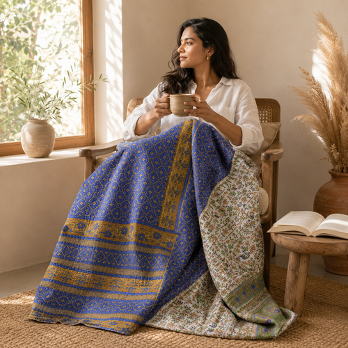 Slate Blue handmade vintage Kantha quilt EBY-TW-239 – reversible cotton twin boho bedspread