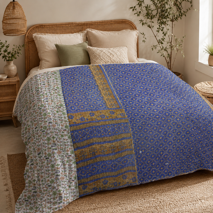 Indian Handmade Vintage Kantha Quilt Twin 55x85 Inches – Reversible Cotton Bedspread & Boho Throw Blanket | EBY-TW-239