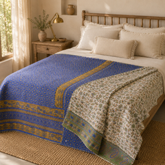 Slate Blue handmade vintage Kantha quilt EBY-TW-239 – reversible cotton twin boho bedspread