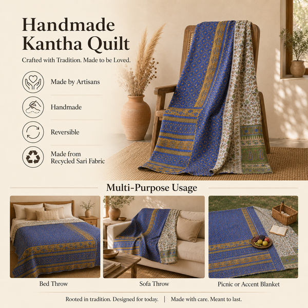 Slate Blue handmade vintage Kantha quilt EBY-TW-239 – reversible cotton twin boho bedspread