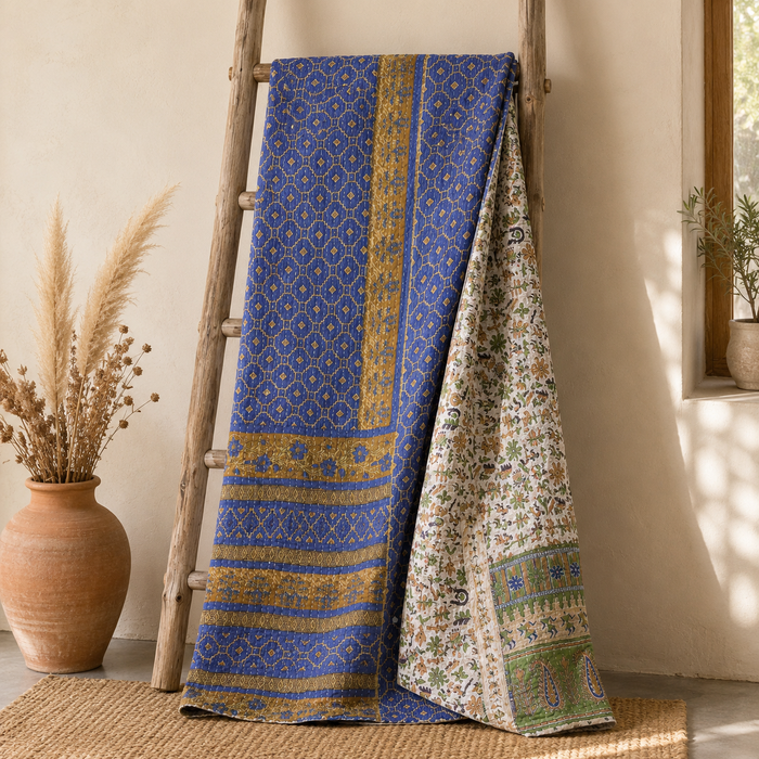 Slate Blue Vintage Kantha Quilt – Handmade Reversible Twin Cotton Bedspread & Boho Throw Blanket | EBY-TW-239