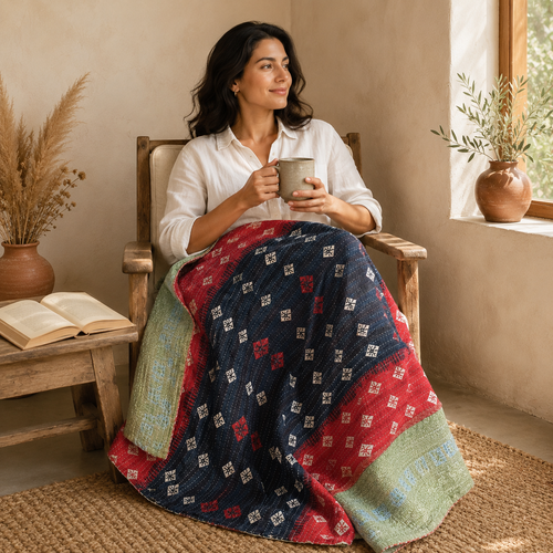 Red & Black Diamond handmade vintage Kantha quilt EBY-TW-240 – reversible cotton twin boho bedspread
