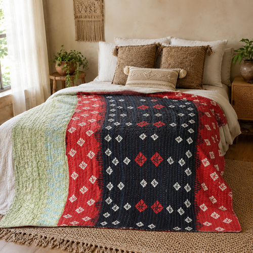 Red & Black Diamond handmade vintage Kantha quilt EBY-TW-240 – reversible cotton twin boho bedspread