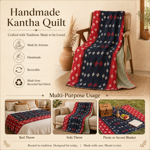 Red & Black Diamond handmade vintage Kantha quilt EBY-TW-240 – reversible cotton twin boho bedspread