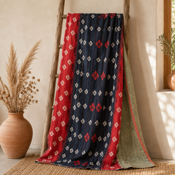 Red & Black Diamond handmade vintage Kantha quilt EBY-TW-240 – reversible cotton twin boho bedspread