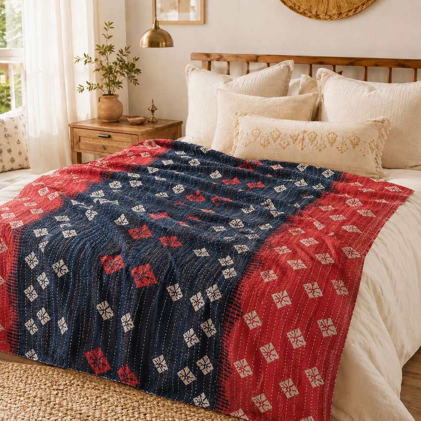 Handmade vintage Kantha quilt EBY-TW-241 – reversible cotton boho bedspread