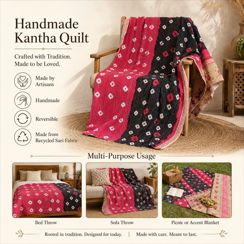 Navy & White Block Print handmade vintage Kantha quilt EBY-TW-241 – reversible cotton twin boho bedspread